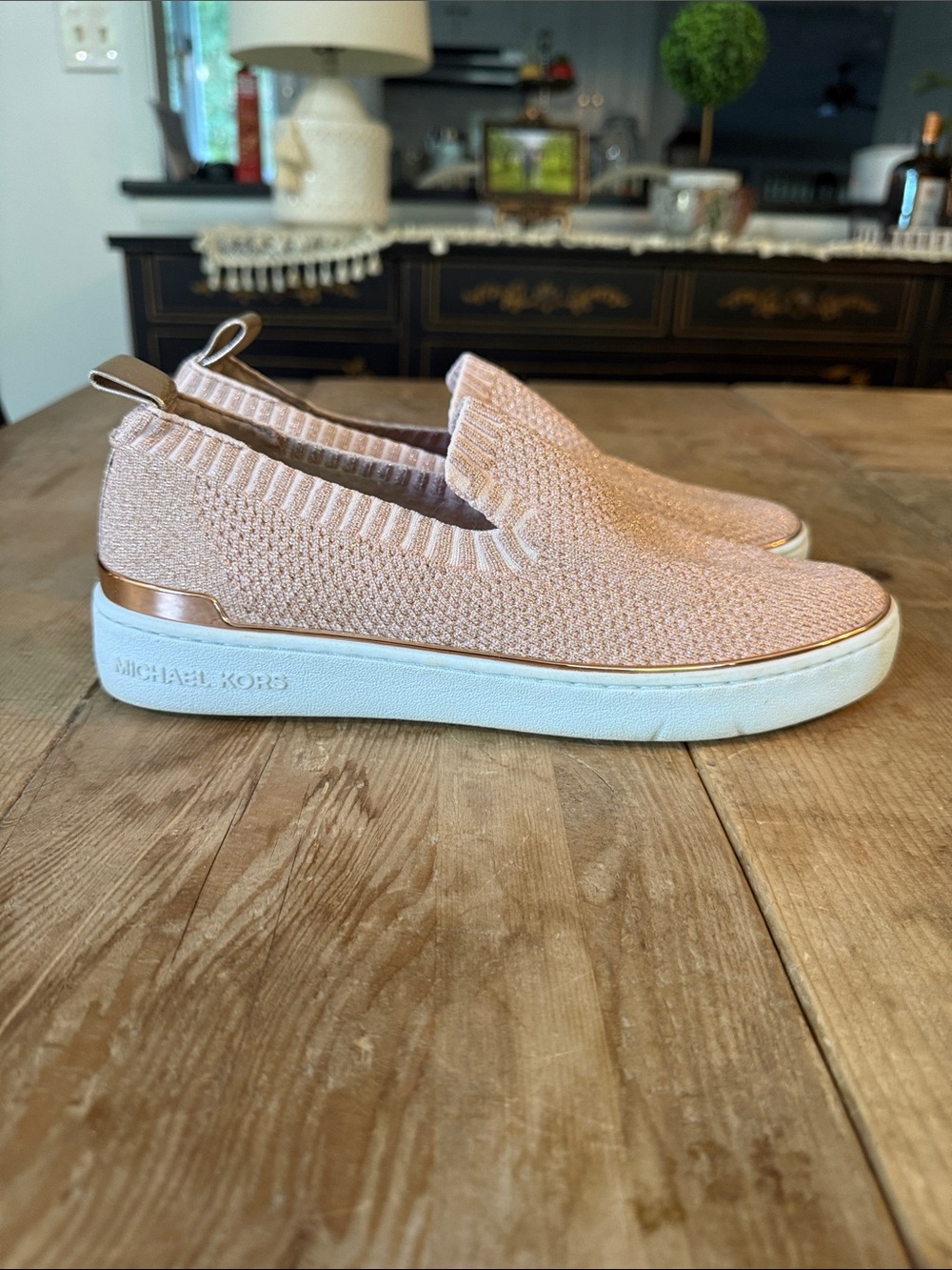 Michael Kors Blush Knit Slip-On Sneakers with Rose Gold Trim